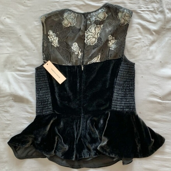 REBECCA TAYLOR Black Stretch Velvet Peplum Top Silk Silver Metallic Floral M 6 - Picture 6 of 10
